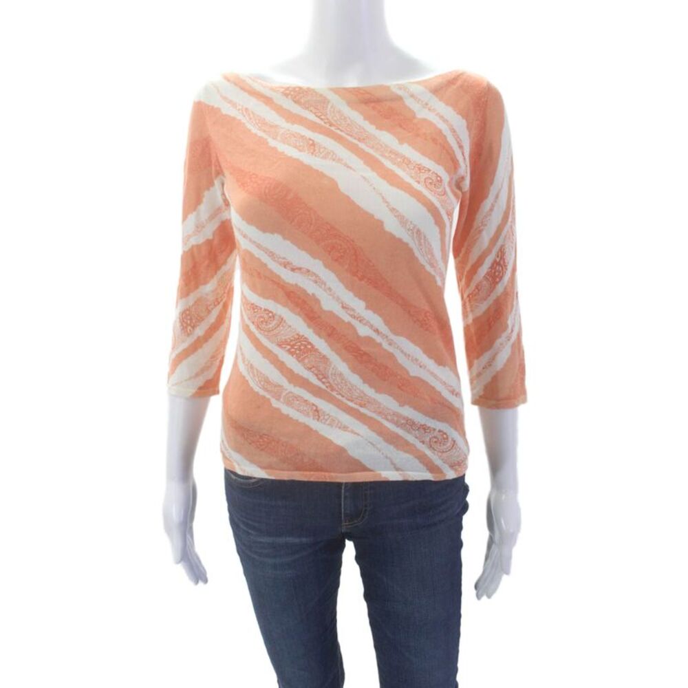 MAG Women's Round Neck 3/4 Sleeves Cotton Blouse Orange Size S